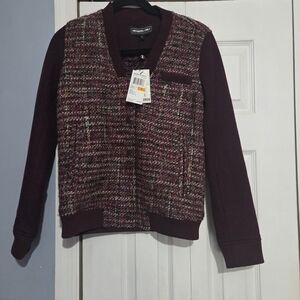 Members Only Burgundy Tweed-Front Wool Blend Bomber Jacket